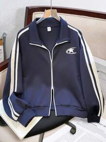 SHEIN Mädchen Zip-Up Jacke aus luftigem gestricktem Material mit Streifenbesatz, Kragen, dickem Stoff, Schulanfang Look, Herbst/Winter
