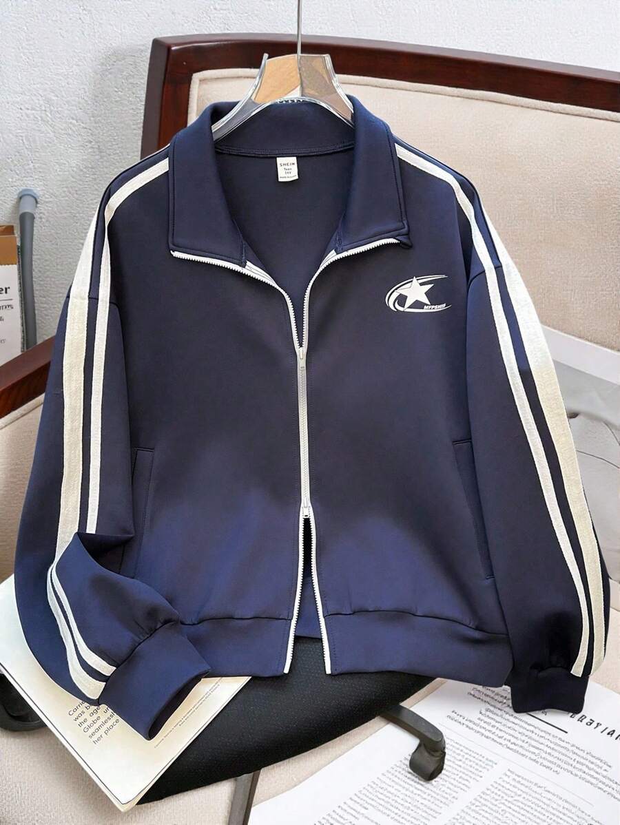 SHEIN Mädchen Zip-Up Jacke aus luftigem gestricktem Material mit Streifenbesatz, Kragen, dickem Stoff, Schulanfang Look, Herbst/Winter