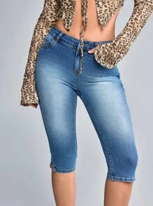 CasuGlow 女式低腰开衩紧身七分牛仔裤 - 中等水洗藍 - 查看 5