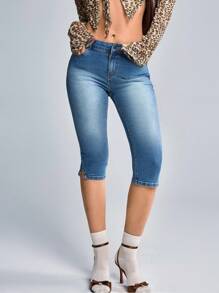 CasuGlow 女式低腰开衩紧身七分牛仔裤 - 中等水洗藍 - 查看 6