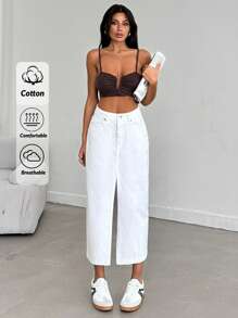 EURMUSE WHITE JEAN SKIRT MIDI LENGHT SLIT DETAIL - White - View 1