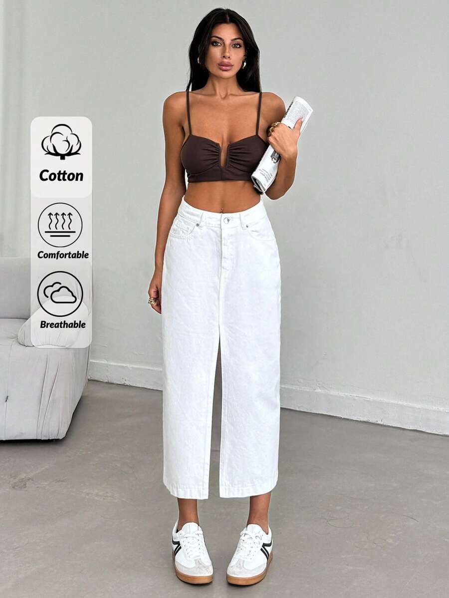 EURMUSE WHITE JEAN SKIRT MIDI LENGHT SLIT DETAIL - White - View 1