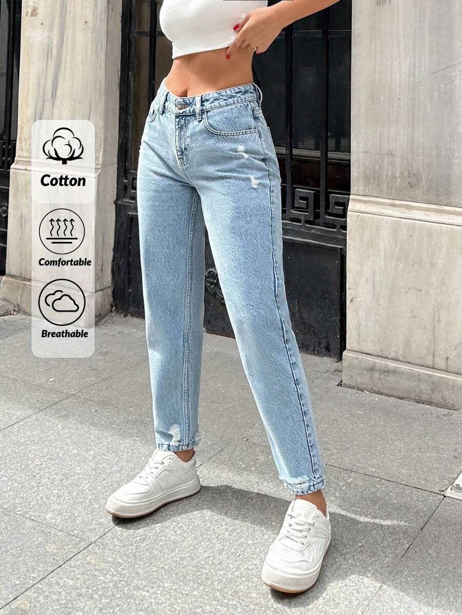 EURMUSE 100%Cotton - LOW WAIST MOM JEAN DESTROYED - Light Wash - View 1