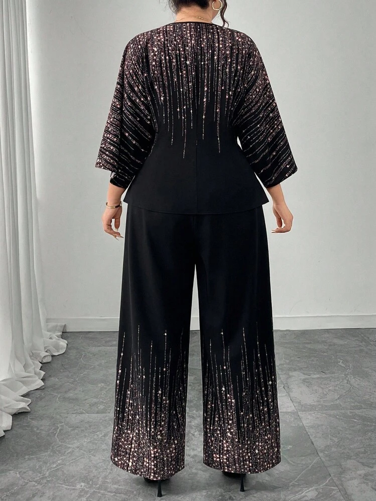 Modelyn 2pcs Plus Size Women Star Print Batwing Sleeve Top And Pants Set - Multicolor - View 2