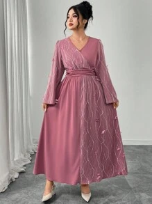 Modelyn Elegant Floral Patchwork Crossover Neck Flare Sleeve Plus Size Dress, Romantic & Fashionable Fall Cloth For Women - Pink - View 4