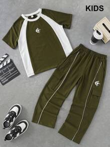 PAVTROS Tween Boy Color Block Short Sleeve T-Shirt And Cargo Pants Set - Green - View 1