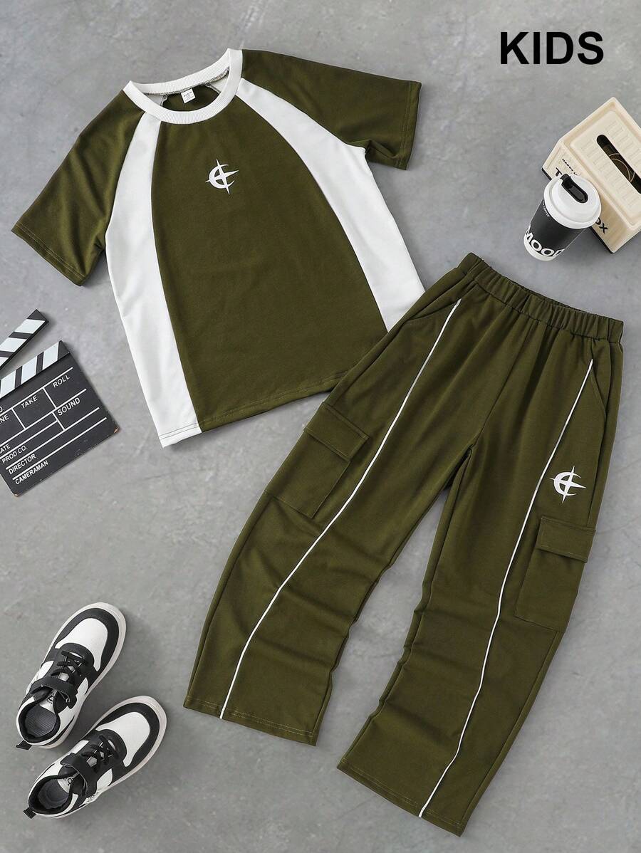 PAVTROS Tween Boy Color Block Short Sleeve T-Shirt And Cargo Pants Set - Green - View 1