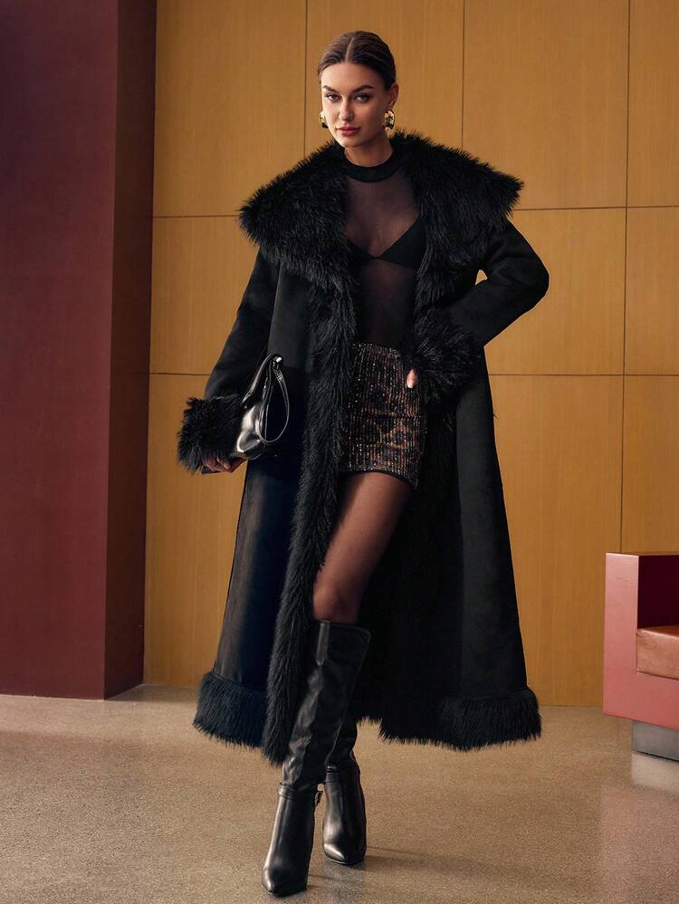 LONG SLEEVE LONG FAUX FUR COAT, AUTUMN/WINTER
