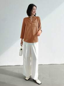 EMERY ROSE 女式春季印花缺口领 3/4 袖衬衫、工作衬衫