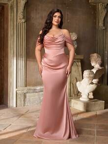 Aureia 加大码夏季优雅浪漫莲花粉色细肩带荷叶边领口修身鱼尾下摆连衣裙，适合晚会、约会、舞会、毕业典礼、音乐节、婚礼、伴娘 - 藕粉色 - 查看 7