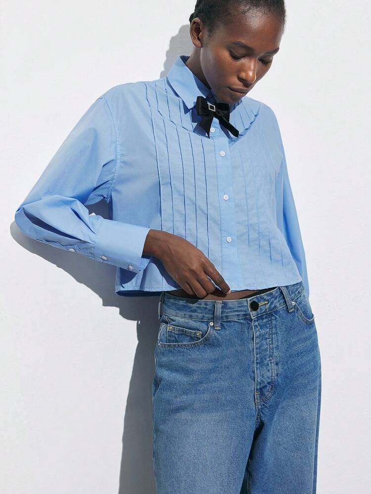 SHEIN Maija Blusa curta de manga longa, com decote único, laço romântico plissado e decoração, para mulheres, para a primavera