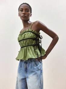 Maija Camiseta de tirantes de mujer con volantes y lazos laterales para el verano