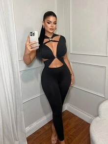 SHEIN SXY 时尚黑色镂空性感紧身连衣裤 - 黑色 - 查看 6