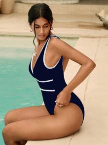 Swim Chiccia Tenues de plage pour le printemps pour femmes, maillot de bain une pièce sexy et élégant avec empiècement noir et blanc, col en V profond et dos en U