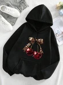 INAWLY Women's Cherry Print Long Sleeve Drawstring Hooded Casual Sweatshirt Pullover Fall, Christmas
