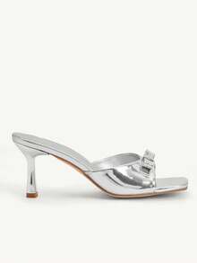 CUCCOO CHICEST Glänsande strassutsmyckade fyrkantiga tåpumps med stilettklack, sexiga romantiska eleganta svarta slip-on-sandaler i lackskinn, lämpliga för vår-/sommardejter, eftermiddagste, fester - Silver - Visa 9