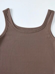 Tween Girl Solid Color Square Neck Fitted Casual Camisole Dress - Coffee Brown - View 3