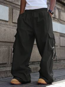 PAVTROS Manfinity Streetrush Men's Fashionable Versatile Solid Color Cargo Pants, For Fall - Black - View 4
