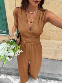 Serisse 女式纯色无袖V领纹理面料连体裤 - 咖啡棕 - 查看 3