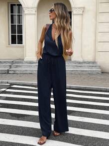 Serisse 女式纯色V领系腰阔腿休闲无袖连体裤 - 藏蓝色 - 查看 7