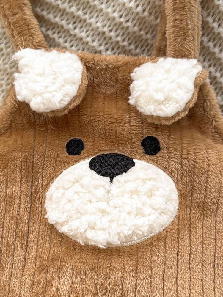 2 件新生儿男孩/女孩可爱蓬松连帽夹克和工装裤套装，秋冬 - 棕色 - 查看 6