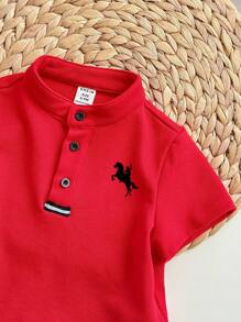Baby Boy Casual Cute Versatile Red Collar Short Sleeve Top, Suitable For Birthday Party, Evening Party, Performance, Wedding, Baby Shower, One Month Celebration, One Year Old Celebration