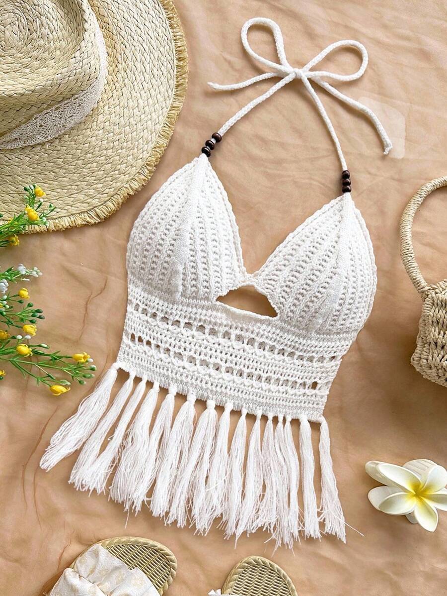 Soleia Women's Vacation Beaded Halter Tasseled Hem Knit Top, Suitable For Holiday Dates, Afternoon Tea, Beach, Cruise, City Vacation, Wedding Season, Music Festival, Boho Vacation,Fall