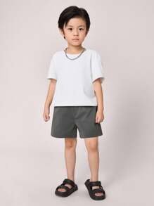 Kids/Young Boys' Casual Versatile Comfortable Decorative Button Loose Knit Shorts, Suitable For Commuting, School, Daily Casual, Vacation, Sports, Spring/Summer - Grey - View 3