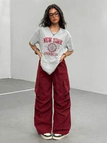 2件套青少年女孩夏季休闲字母印花圆领短袖T恤和工装裤套装 - 酒紅色 - 查看 8