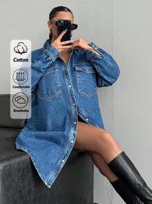 EURMUSE 100%纯棉衬衫牛仔连衣裙，大码 - 中等水洗藍 - 查看 1