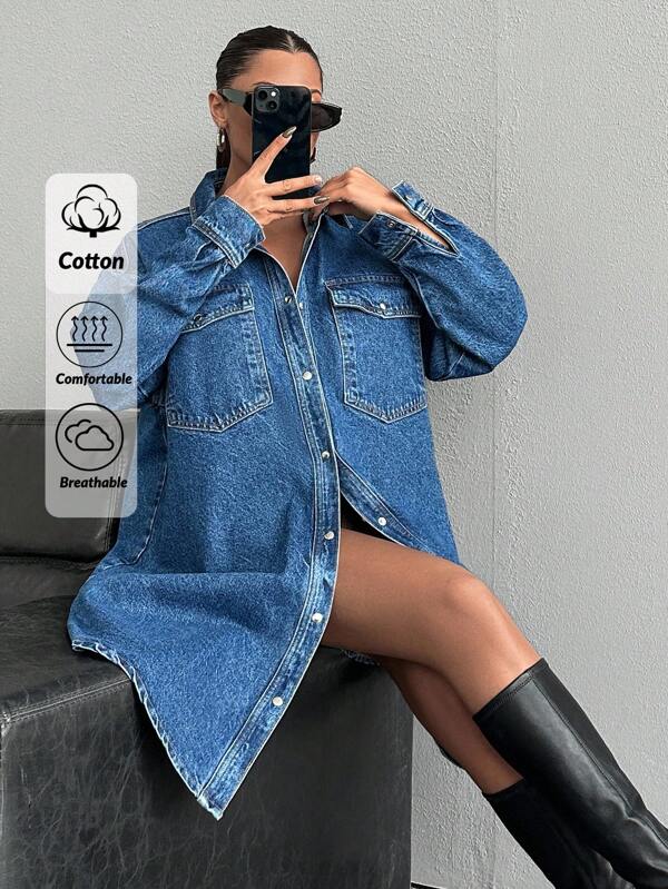 EURMUSE 100% Cotton Shirt Denim Dress Plus Size Oversized Button Up Women