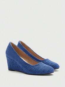 CUCCOO BIZCHIC 女士黑色经典简约风格厚底坡跟鞋 - 藍色 - 查看 6