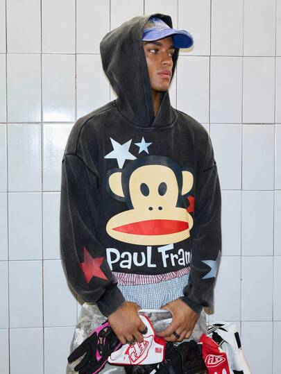 Paul Frank X ROMWE Men's Casual Everyday Letter & Monkey Print Drop Shoulder Oversize Washed Hoodie