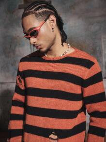 PAVTROS Manfinity Streetrush 男式条纹做旧圆领宽松休闲毛衣，秋冬 - 彩色 - 查看 5