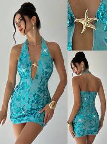 Firerie Đầm ôm body hở lưng màu sâm panh cổ chữ V thanh lịch, chi tiết cho lễ hội âm nhạc tốt nghiệp, tiệc tùng, phụ kiện kim loại, mùa hè - Rượu sâm banh - Xem 2