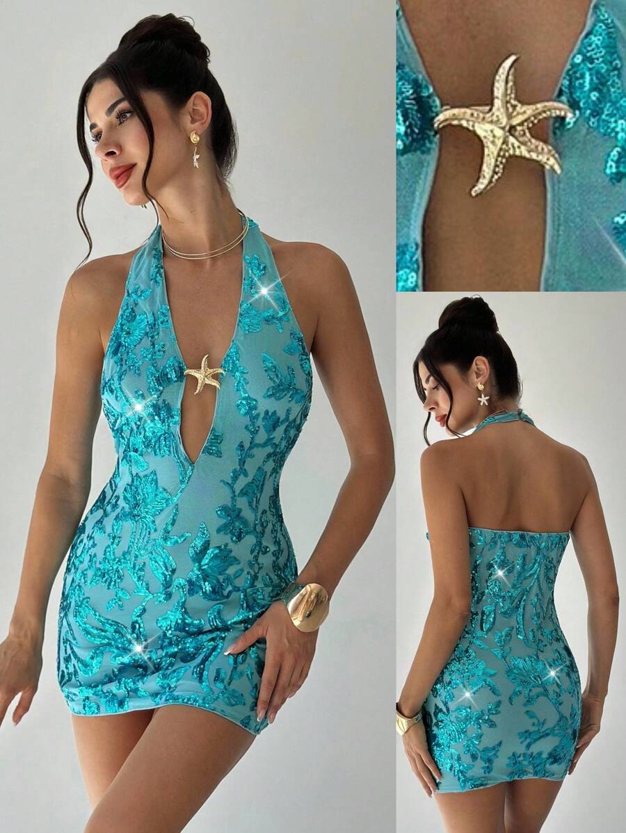 Firerie Đầm ôm body hở lưng màu sâm panh cổ chữ V thanh lịch, chi tiết cho lễ hội âm nhạc tốt nghiệp, tiệc tùng, phụ kiện kim loại, mùa hè