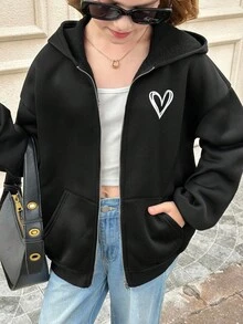 SHEIN 少女休闲针织卫衣外套，爱心印花，保暖内衬，拉链口袋，适合周末、休闲外出、返校、秋冬季穿着。可爱黑色卫衣，少女拉链卫衣，带拉链的少女卫衣，少女拉链卫衣，黑色拉链秋季卫衣 - 黑色 - 查看 5