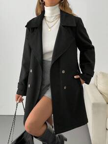 EURMUSE Fashionable Versatile Solid Color Double-Breasted Overcoat, Autumn/Winter Office Everyday Black Elegant - Black - View 2