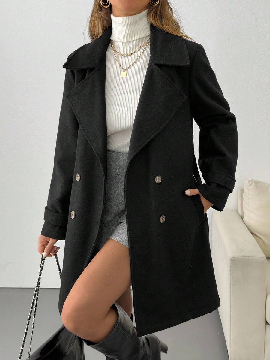 EURMUSE Fashionable Versatile Solid Color Double-Breasted Overcoat, Autumn/Winter Office Everyday Black Elegant