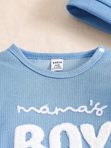 SHEIN 2pc Newborn Baby Boys Cute "MAMA'S BOY"Letter Embroidery Waffle Knitted Jumpsuits And Hat, Mommy And Me Matching Baby Boy Baby Needs Infant Baby Baby Welcome Baby Newborn Baby Boy Clothes 0-6 Month 1T 2T Baby Boy Clothes Newborn Boy Clothes Set Baby Fall Winter Clothes Baby Boy Newborn Accessories Blue Baby Blue Knitted Outfit Unisex Baby Clothes Infant 1 Month 100 Days Photo Props Newborn Unisex Clothes Baby Outfits Unisex Funny Baby Clothes Baby Boy Long Sleeve Jumpsuit Mamas Boy Outfit - Blue - View 7