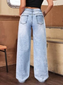 SHEIN PETITE 女式铆钉口袋宽腿宽松休闲牛仔裤 - 藍色 - 查看 2