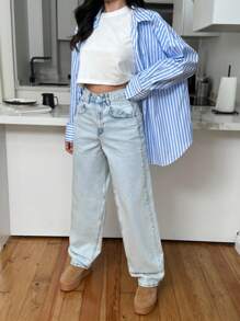 EURMUSE 100%Cotton WOMEN FASHIONABLE STRAIGHT JEANS - Medium Wash - View 6