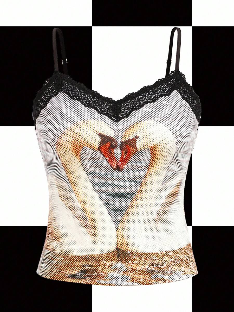 Y2Kool Maria Clara Maia Camiseta de tirantes con cuello en V, estampado de cisne, pixelado y encaje patchwork, estilo Y2K, adecuada para verano, vacaciones, reuniones, fiestas y uso casual diario