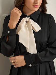 SHEIN Clasi Plus Size Women Acetate Satin Texture Black Dress,Autumn Elegant Formal Evening Tea Party Outfits,Modest French Style Business Professional Work Wear - Black and White - View 1