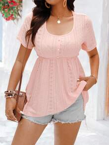 SHEIN LUNE Camiseta de manga corta de mujer casual de vacaciones, de unicolor y textura - Rosa - Ver 6