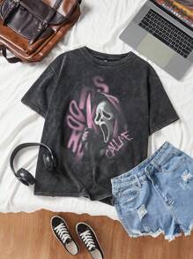 SHEIN EZwear Luźna, minimalistyczna koszulka damska z krótkim rękawem i nadrukiem w kształcie czaszki Scream w kolorze czarnym, dzianinowa, luźna, odpowiednia na lato