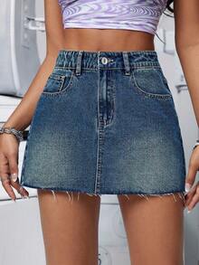 SHEIN PETITE 女式口袋磨边休闲短款牛仔迷你裙 - 藍色 - 查看 5