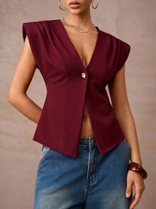 Lumalex Burgundy,Summer,Elegant,Night Out Women's V Neck Asymmetrical Hem Shirred Waist Wide Shoulder Blouse Glitter Holiday Party Rave Bohemian Luxury Top - Burgundy - View 1