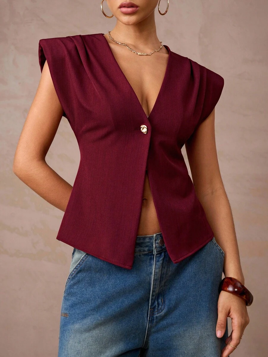 Lumalex Burgundy,Summer,Elegant,Night Out Women's V Neck Asymmetrical Hem Shirred Waist Wide Shoulder Blouse Glitter Holiday Party Rave Bohemian Luxury Top - Burgundy - View 1
