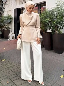 DAZY Áo sơ mi nữ tay dài cổ ve lật màu trơn thanh lịch, phong cách công sở giản dị. - Màu vàng - Xem 3